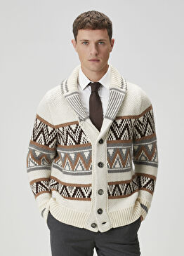 Beyaz Etnik Desen Jakarlı Yün Triko Hırka