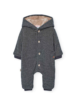 Gri Kapüşonlu Düğmeli Erkek Bebek Tulum