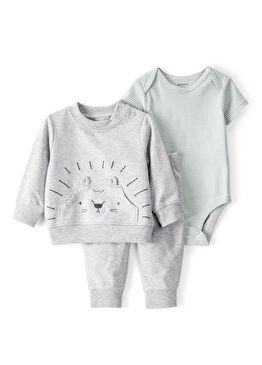 Gri Sweatshirt Pantolon ve Çıtçıtlı Body Erkek Bebek 3'lü Set