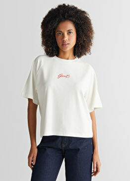 Krem Logolu Bisiklet Yaka Kısa Kollu Kadın T-Shirt