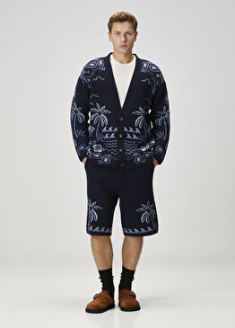 Lacivert Beli Kordonlu Yün Bermuda