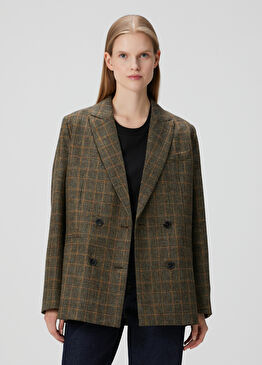 Kahverengi Ekoseli Kruvaze Yün Blazer