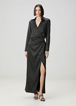 Siyah Taş Detaylı Yırtmaçlı Maxi Abiye Elbise