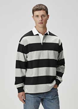 Gri Polo Yaka Çizgi Desenli Sweatshirt