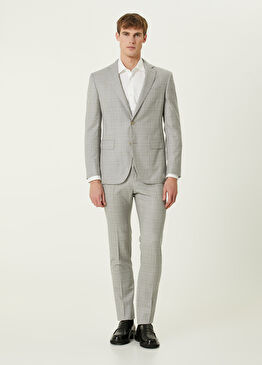 Açık Gri Ekose Desenli Yün Takım Elbise