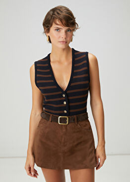 Kahve Lacivert Çizgili Yün Yelek