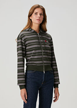 Koyu Haki Kapüşonlu Çizgi Desenli Sweatshirt