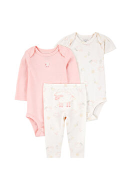 Ekru Pamuklu Body Pantolon Kız Bebek 3'lü Set