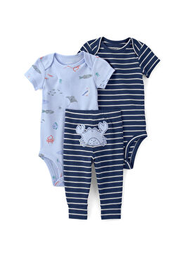 Mavi Kısa Kollu Body ve Pantolon Erkek Bebek 3'lü Set