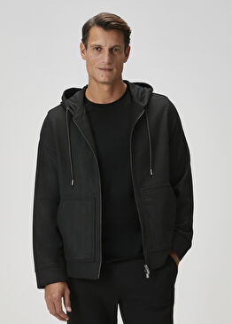 Siyah Kapüşonlu Dokuma Yün Sweatshirt