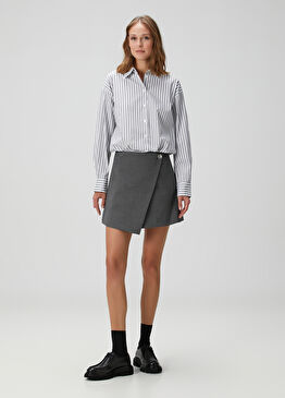 Ribacky Gri Çizgili Mini Gömlek Elbise