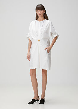 Beyaz Büzgü Detaylı Mini Elbise