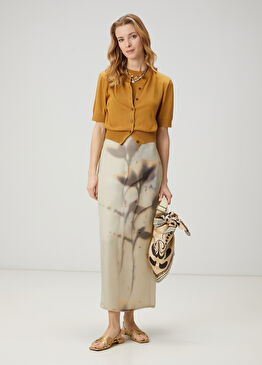 Ekru Çiçekli Maksi Organza Etek