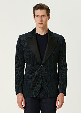 Lacivert Etnik Desenli İpek Ceket