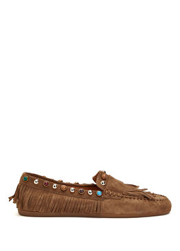 Tütün Taşlı Püsküllü Kadın Süet Loafer