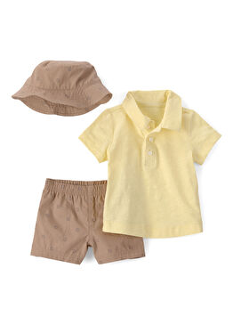 Sarı Polo Yaka Kısa Kollu T-shirt Şort ve Şapka Erkek Bebek 3'lü Set