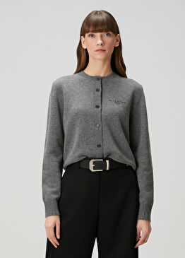 Gri Logo Nakışlı Yün Triko Hırka