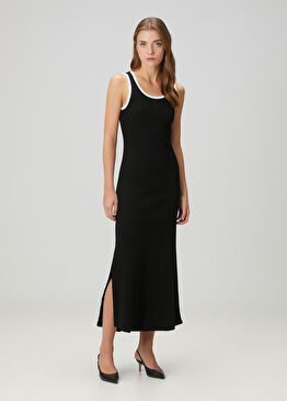 Beyaz Kontrast Detaylı Midi Triko Elbise