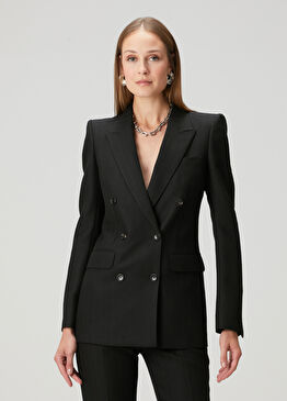 Siyah Balıksırtı Desenli Kruvaze Yün Ceket