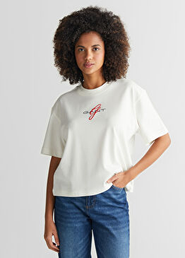 Krem Logolu Bisiklet Yaka Kısa Kollu Kadın T-Shirt