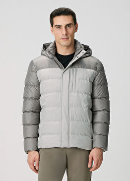 Gri Kapüşonlu Ray Kapitoneli Casual Kaban