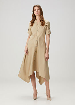 Kahverengi Asimetrik Kesimli Midi Elbise