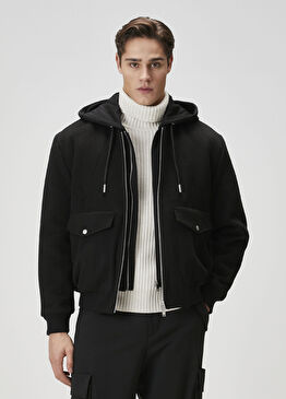 Ellington Siyah Kapüşonlu Yün Bomber Mont