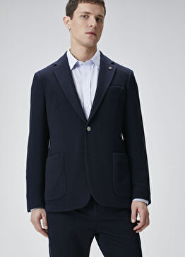 Lacivert Slim Fit Gofre Desen Örme Ceket