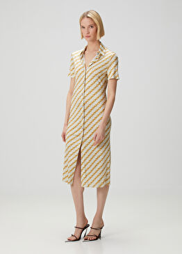 Bej Zincir Desenli Midi Elbise