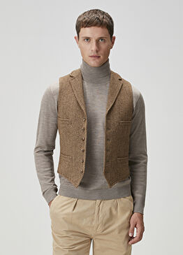 Kahverengi Balıksırtı Desenli Yün Yelek