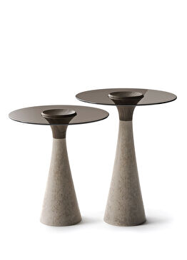 Piera Bronz Cam Tablalı Traverten Ayaklı 2'li Yan Sehpa Seti