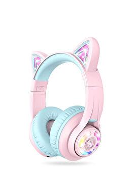 BTH13 Pembe Kedi Kulaklı Unisex Çocuk Bluetooth Kulak Üstü Bluetooth Kulaklık 
