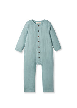 Turkuaz Müslin Uzun Kollu Unisex Çocuk Romper Tulum