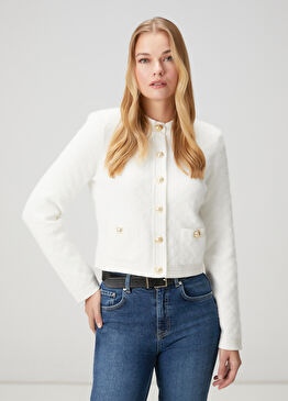 Kırık Beyaz Gold Düğmeli Crop Triko Hırka