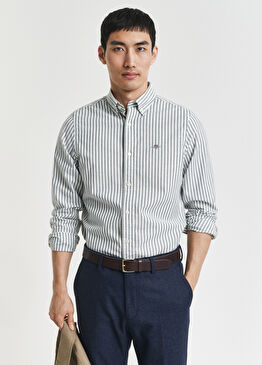 Yeşil Çizgili Düğmeli Yaka Slim Fit Uzun Kollu Erkek Oxford Gömlek