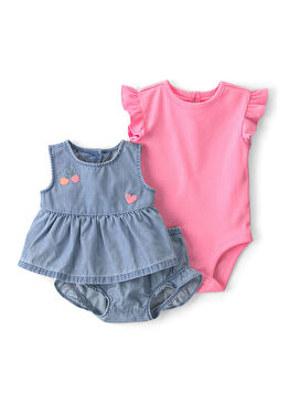 Mavi Denim Bluz + Şort + Pembe Fırfır Kollu Body Kız Bebek 3'lü Set