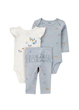 Mavi Kısa Kollu + Uzun Kollu Body Pantolon Kız Bebek 3'lü Set