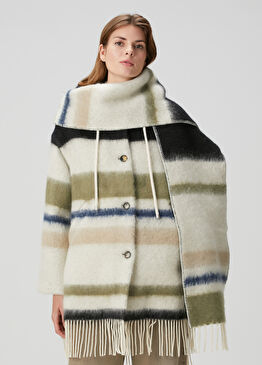 Ekru Kapüşonlu Atkı Detaylı Yün Kaban