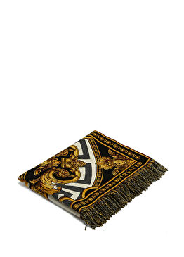 Siyah Gold Barok Jakarlı Püsküllü Yün Battaniye