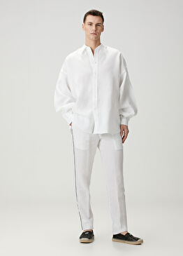 Beyaz Beli Kordonlu Keten Pantolon