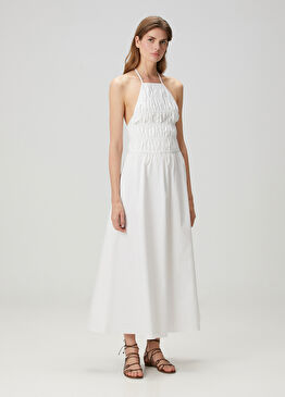 Beyaz Midi Plaj Elbisesi