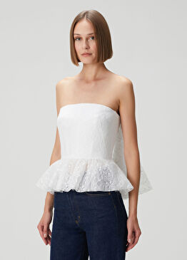 Beyaz Straplez Dantel Abiye Bluz