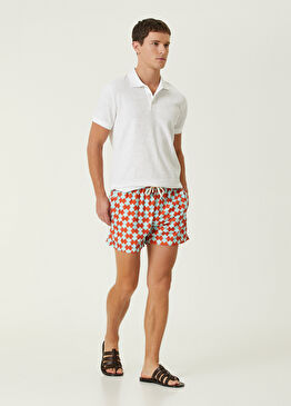 Mavi Turuncu Beli Kordonlu Geometrik Desenli Şort