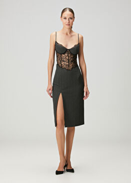 Kora Antrasit Dantelli Midi Kokteyl Elbise