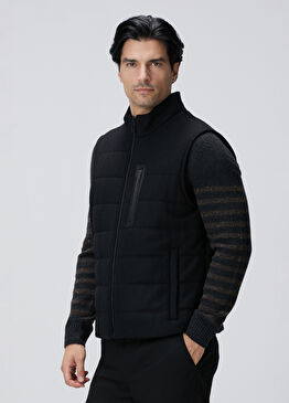 Siyah Yün Karışımlı Flanel Dik Yaka Casual Yelek