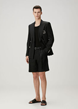 Siyah Pilili Keten Bermuda