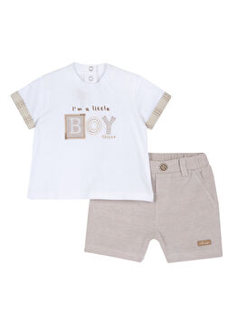 Krem Rengi Kısa Kollu T-shirt ve Şort Erkek Bebek 2'li Set