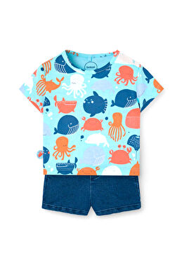 Renkli Baskılı Kısa Kollu T-Shirt ve Şort Erkek Bebek 2'li Set