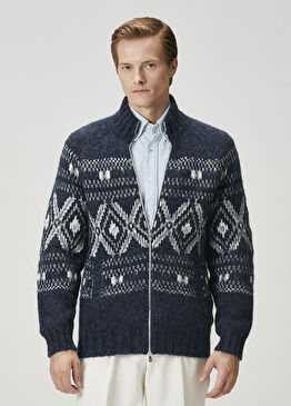 Lacivert Geometrik Jakarlı Yün Triko Hırka