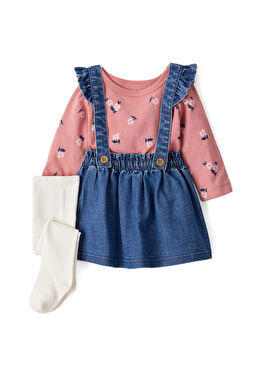 Mavi Salopet Uzun Kollu T-shirt ve Tayt Kız Bebek 3'lü Set